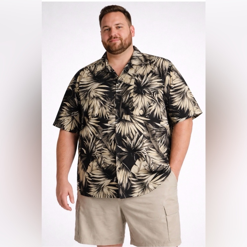 Men’s 3XL Black Tropical Leaf Hawaiian Button Up Shirt Cafe Luna Plus Size